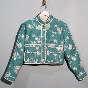 7 FOR ALL MANKIND Floral Quilted Crop Jacket NWT SZ extra small XS green